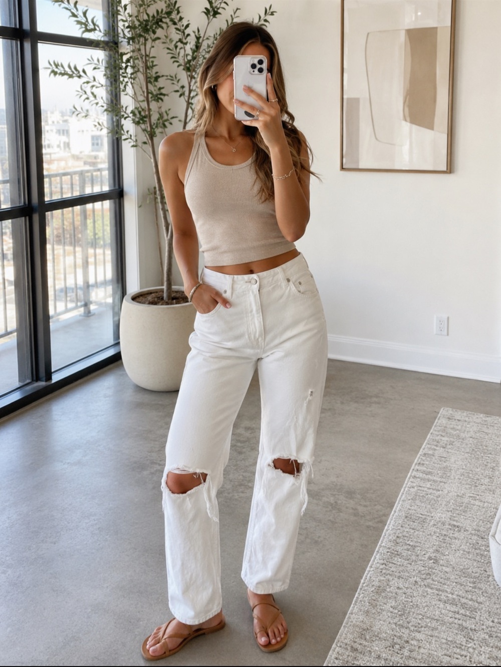 Zara White High Rise Distressed Straight Leg Baggy Jeans Size 8